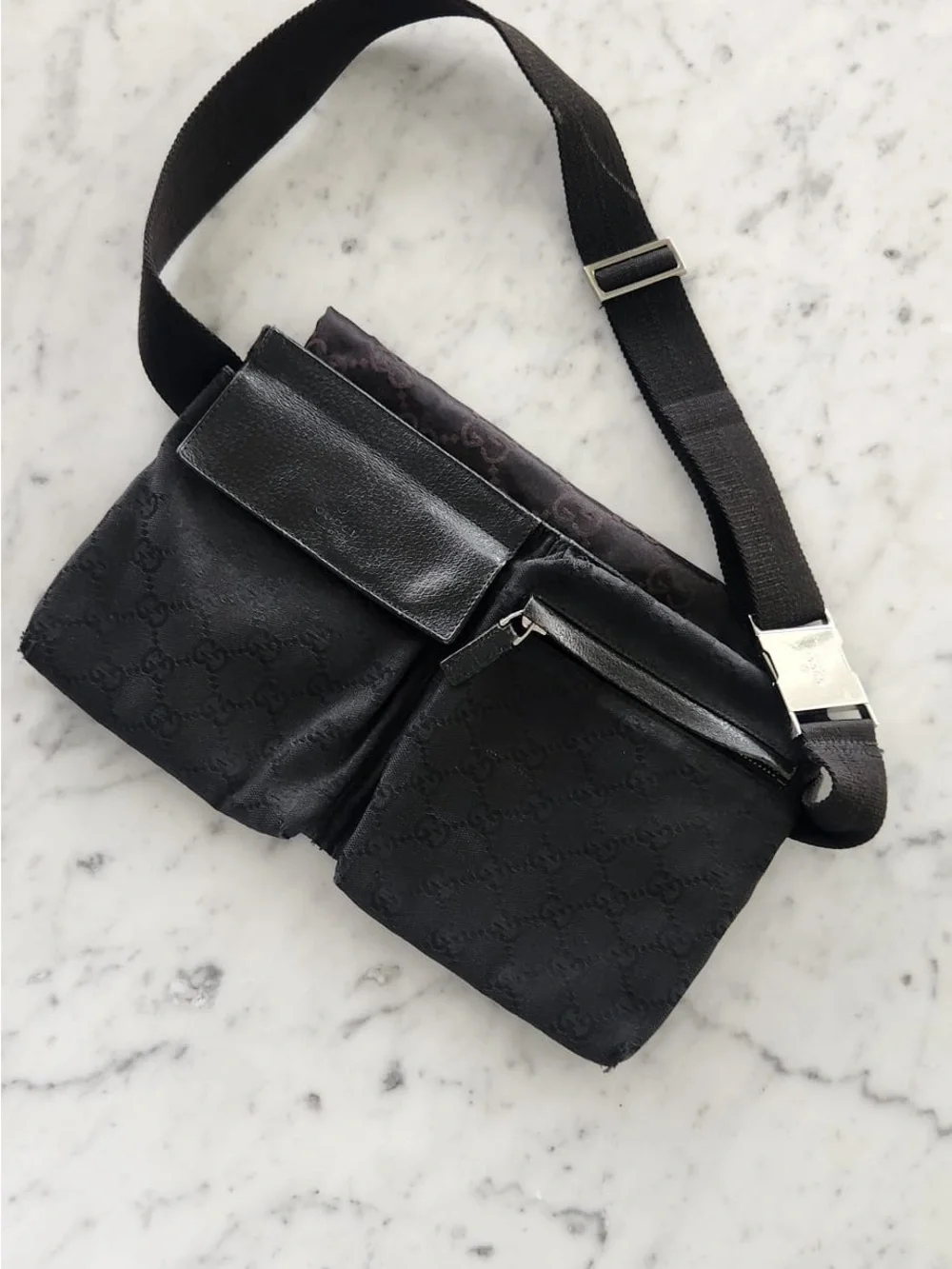 Gucci Black Monogram Belt Bag with Front Zip Pocket